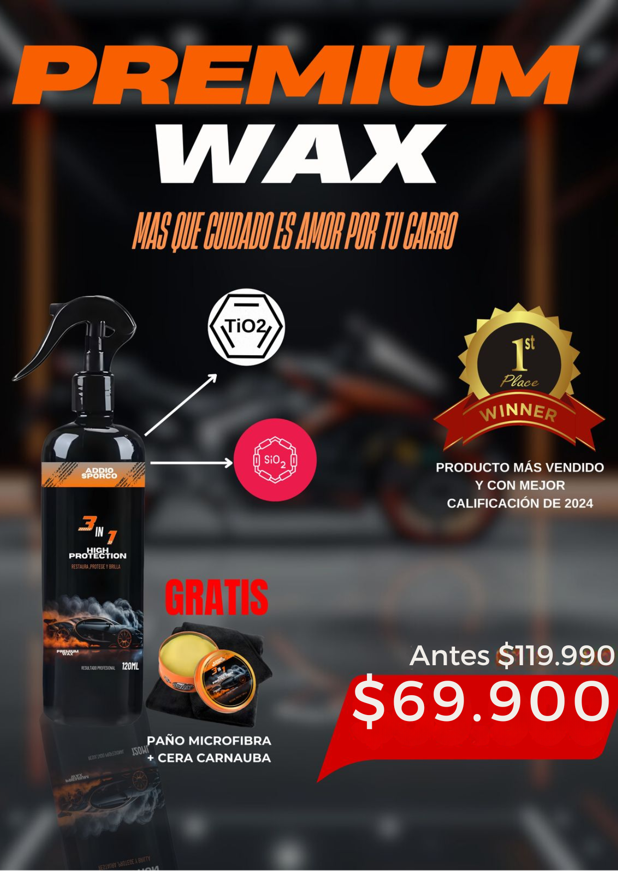 PREMIUM WAX 120 ML+CERA  60GR+PAÑO MICRO